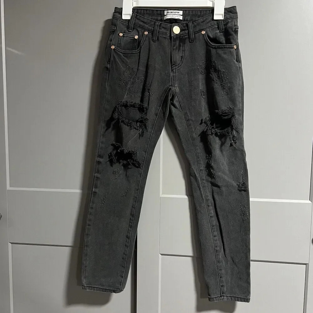 One X One Teaspoon Women Low Waist Freebird Distressed Denim Jeans Black Size 26
